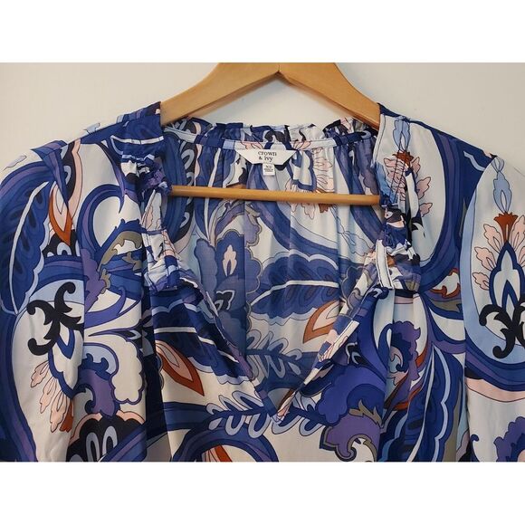 Crown & Ivy Dress Blue Paisley WOM XS Open Neck w/ Detailed Sleeves - Picture 6 of 12